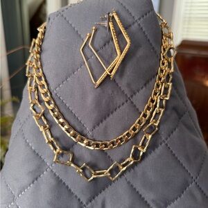 Chunky Gold-tone Necklace Set + Geometric Rhinestone Earrings